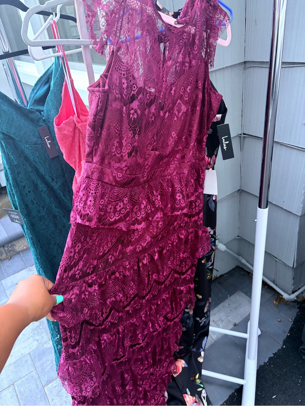 Lulu's Burgundy Lace Tiered Midi Dress